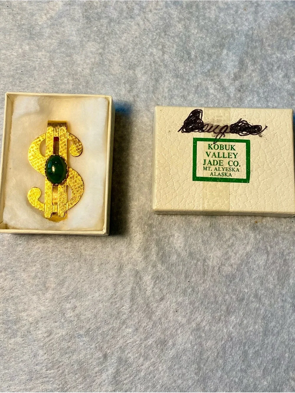 Gold-Tone Dollar Sign Money Clip with Green Jade Vintage Alaska